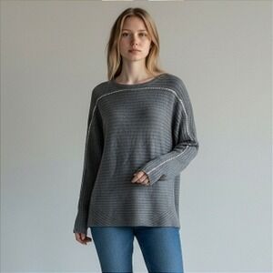 PAIGE Helena Cashmere Gray Sweater Wool Angora Blend Ribbed Chain Detail Size‎ L